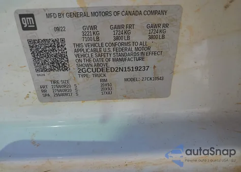 2022 Chevrolet Silverado 1500 4Wd Short Bed Rst из США, поврежденный, VIN 2GCUDEED2N1519237